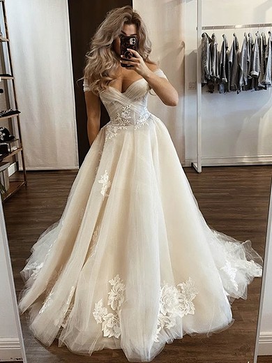 Tulle Off-the-shoulder A-line Court Train Appliques Lace Wedding Dresses #LDB00023935