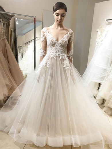 Tulle Scoop Neck Ball Gown Sweep Train Appliques Lace Wedding Dresses #LDB00023946