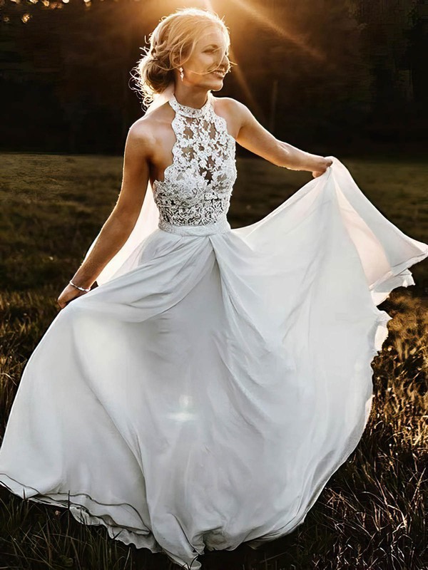 Lace Chiffon Halter A-line Sweep Train Sashes / Ribbons Wedding Dresses #LDB00023947