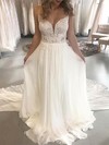 Chiffon V-neck A-line Court Train Appliques Lace Wedding Dresses #LDB00023948