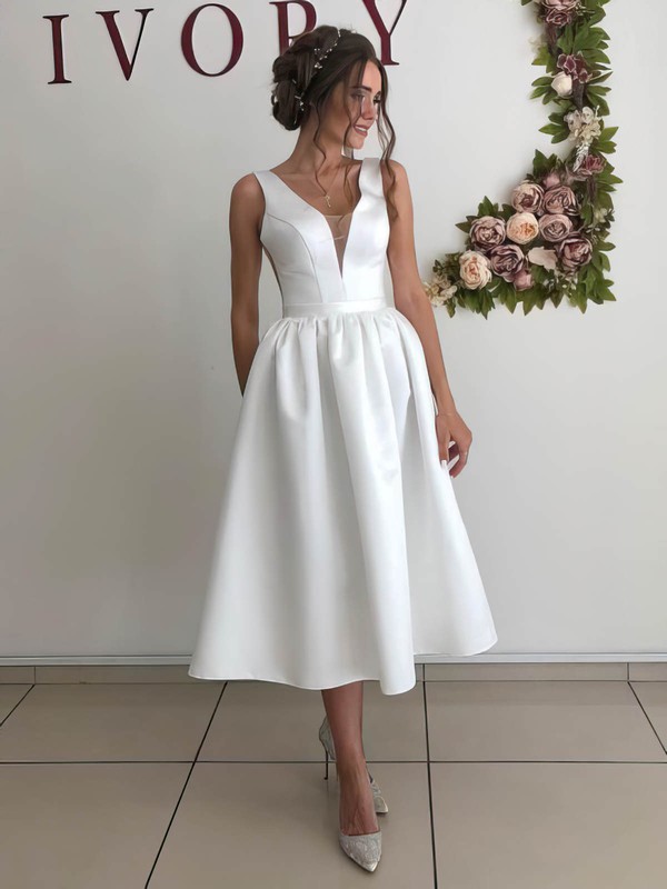 Satin V-neck Ball Gown Tea-length Wedding Dresses #LDB00023954