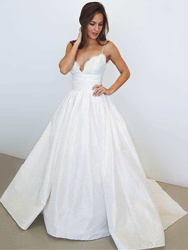 Satin V-neck Ball Gown Court Train Lace Wedding Dresses #LDB00023956