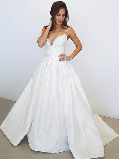 Satin V-neck Ball Gown Court Train Lace Wedding Dresses #LDB00023956