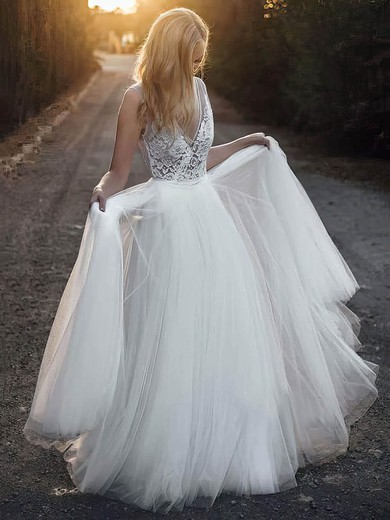 Tulle V-neck A-line Floor-length Appliques Lace Wedding Dresses #LDB00023957