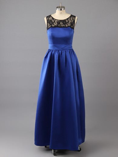 Floor-length Royal Blue Satin with Lace Scoop Neck New Arrival Prom Dresses #LDB02016133