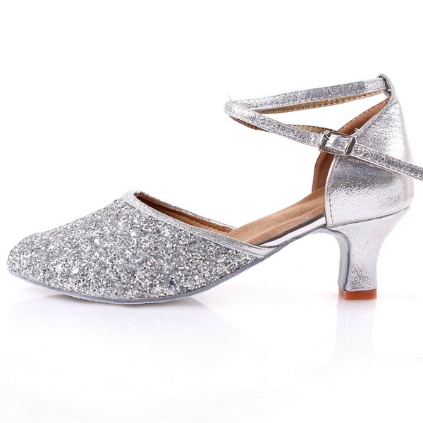 Women's Closed Toe Sparkling Glitter Buckle Kitten Heel Dance Shoes #LDB03031099