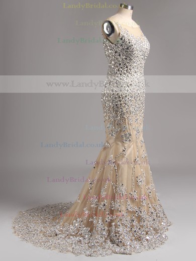 Trumpet/Mermaid New Style Fuchsia Court Train Tulle Beading Scoop Neck Prom Dress #LDB02016136