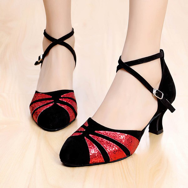 Women's Closed Toe Velvet Sequin Kitten Heel Dance Shoes #LDB03031240