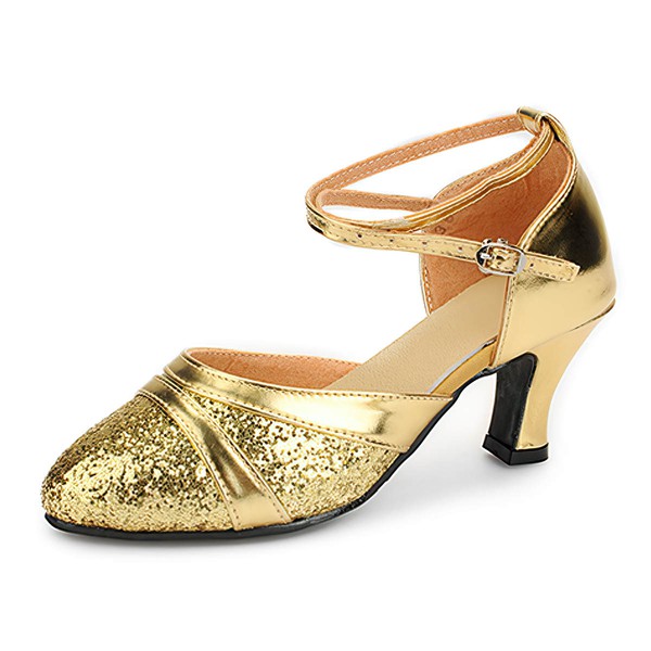 Women's Closed Toe Sparkling Glitter Buckle Kitten Heel Dance Shoes #LDB03031244