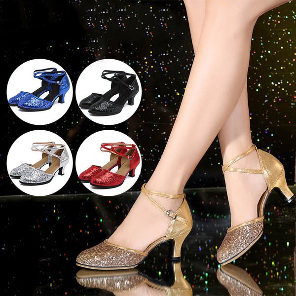 Women's Closed Toe Sparkling Glitter Buckle Kitten Heel Dance Shoes #LDB03031251
