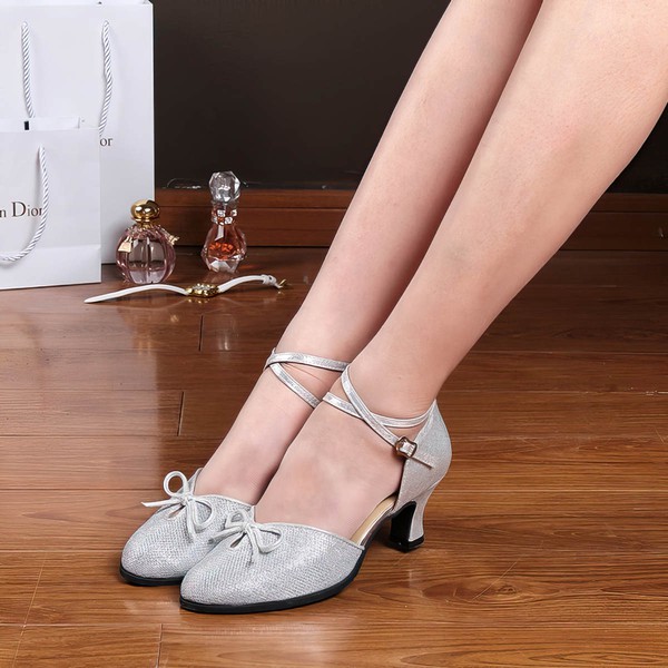Women's Closed Toe Sparkling Glitter Buckle Kitten Heel Dance Shoes #LDB03031257