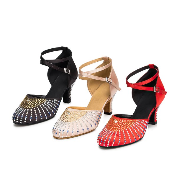 Women's Closed Toe Satin Crystal Kitten Heel Dance Shoes #LDB03031269