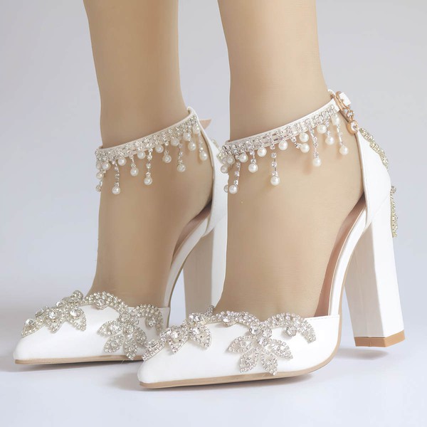 Women's Closed Toe PVC Crystal Chunky Heel Wedding Shoes #LDB03031136