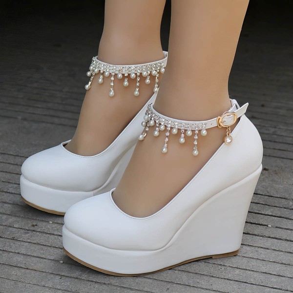 Women's Closed Toe PVC Buckle Wedge Heel Wedding Shoes #LDB03031137