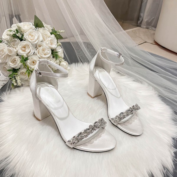 Women's Sandals Satin Crystal Chunky Heel Wedding Shoes #LDB03031148