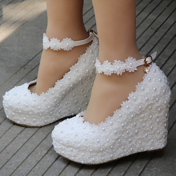 Women's Closed Toe Leatherette Buckle Wedge Heel Wedding Shoes #LDB03031182
