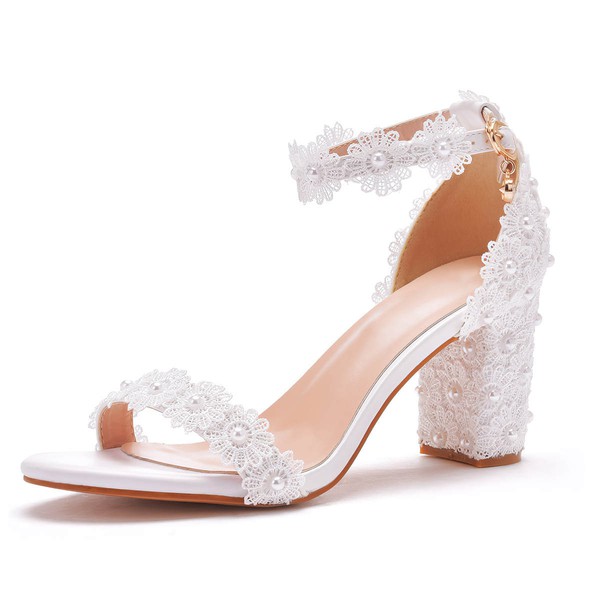 Women's Sandals Leatherette Flower Chunky Heel Wedding Shoes #LDB03031185