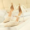 Women's Closed Toe Lace Stitching Lace Spool Heel Wedding Shoes #LDB03031204