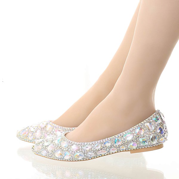 Women's Pumps Leatherette Rhinestone Flat Heel Wedding Shoes #LDB03031208