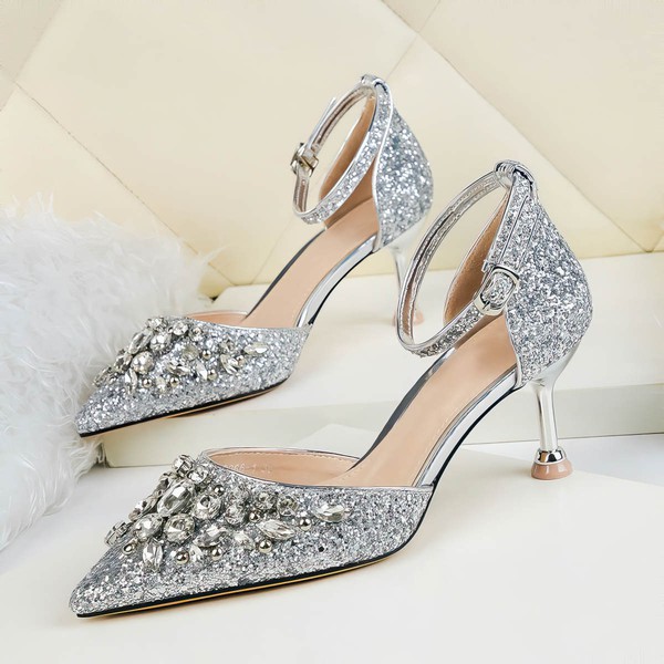 Women's Closed Toe Sparkling Glitter Rhinestone Stiletto Heel Wedding Shoes #LDB03031355