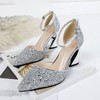 Women's Closed Toe Sparkling Glitter Buckle Chunky Heel Wedding Shoes #LDB03031360