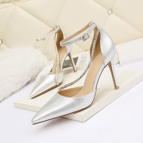 Women's Closed Toe PVC Crystal Stiletto Heel Wedding Shoes #LDB03031364
