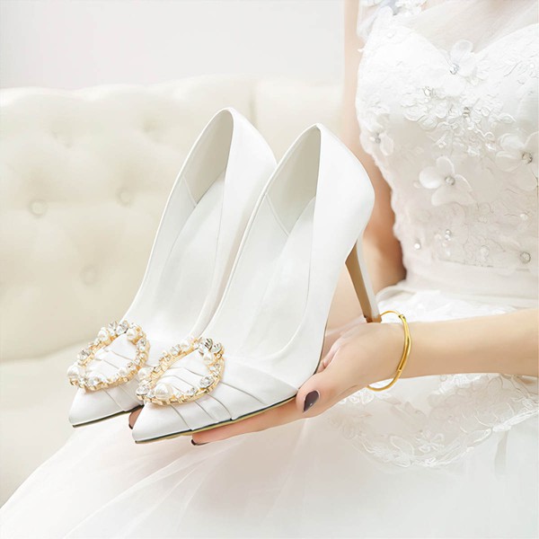 Women's Pumps Satin Crystal Stiletto Heel Wedding Shoes #LDB03031376