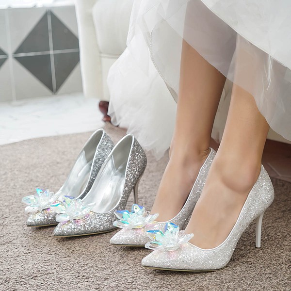 Women's Pumps Sparkling Glitter Flower Stiletto Heel Wedding Shoes #LDB03031386