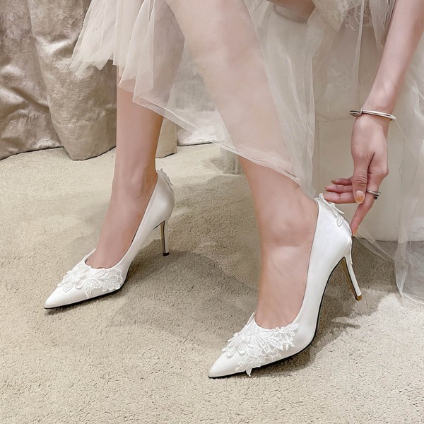 Women's Pumps Satin Flower Stiletto Heel Wedding Shoes #LDB03031388