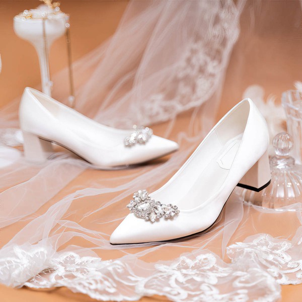 Women's Pumps Satin Crystal Chunky Heel Wedding Shoes #LDB03031389