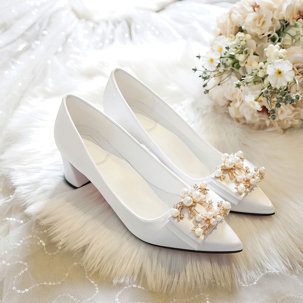 Women's Pumps Satin Pearl Chunky Heel Wedding Shoes #LDB03031390