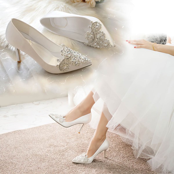 Women's Pumps Satin Crystal Stiletto Heel Wedding Shoes #LDB03031391