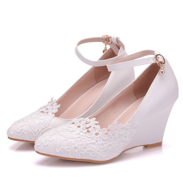 Women's Closed Toe PVC Buckle Wedge Heel Wedding Shoes #LDB03031431