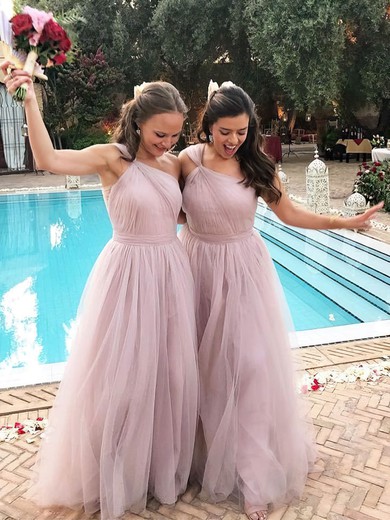 Tulle One Shoulder A-line Sweep Train Bridesmaid Dresses #LDB01013945