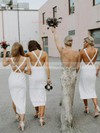 Silk-like Satin V-neck Sheath/Column Tea-length Split Front Bridesmaid Dresses #LDB01013947