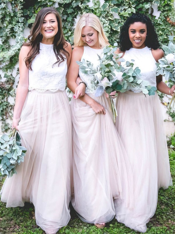 Lace Tulle Scoop Neck A-line Sweep Train Bridesmaid Dresses #LDB01014040