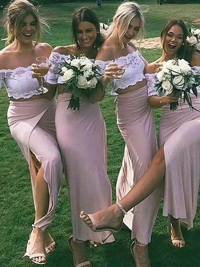 Lace Silk-like Satin Off-the-shoulder Trumpet/Mermaid Ankle-length Split Front Bridesmaid Dresses #LDB01014041