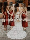 Silk-like Satin Cowl Neck Sheath/Column Tea-length Bridesmaid Dresses #LDB01014066