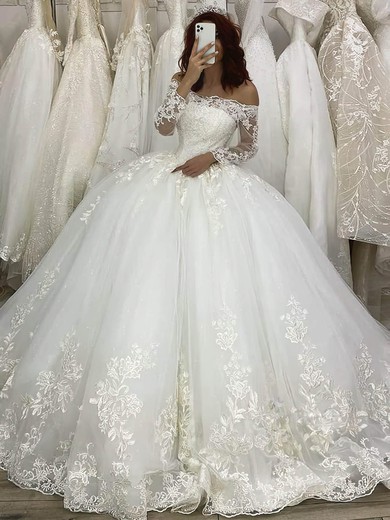 Tulle Off-the-shoulder Princess Court Train Appliques Lace Wedding Dresses #LDB00023971