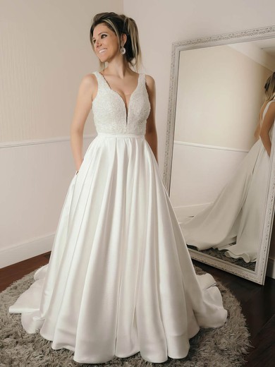 Silk-like Satin Glitter V-neck A-line Sweep Train Pockets Wedding Dresses #LDB00023979
