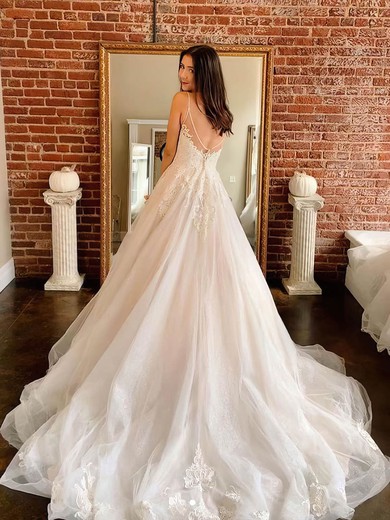 Tulle V-neck A-line Court Train Appliques Lace Wedding Dresses #LDB00023982
