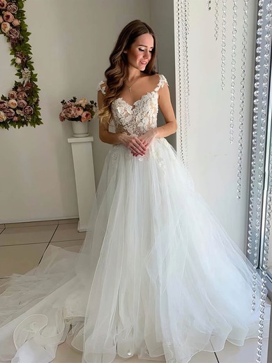 Tulle Scoop Neck A-line Sweep Train Appliques Lace Wedding Dresses #LDB00023985