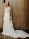Chiffon V-neck A-line Sweep Train Appliques Lace Wedding Dresses #LDB00023990