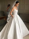 Lace Satin Square Neckline Ball Gown Sweep Train Pockets Wedding Dresses #LDB00023997