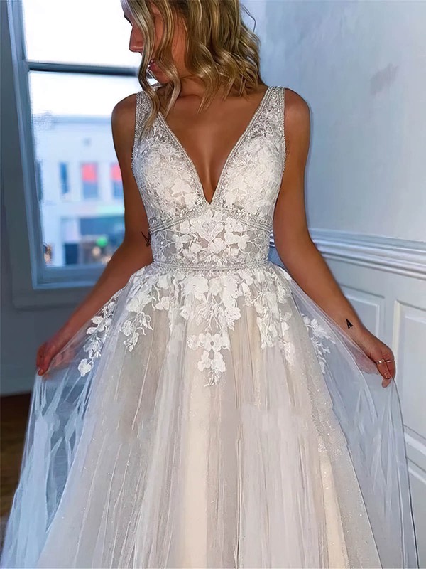 Tulle V-neck A-line Sweep Train Appliques Lace Wedding Dresses #LDB00024004