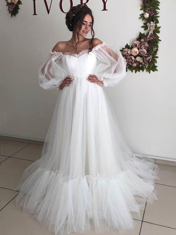 Tulle Off-the-shoulder Ball Gown Court Train Wedding Dresses #LDB00024007