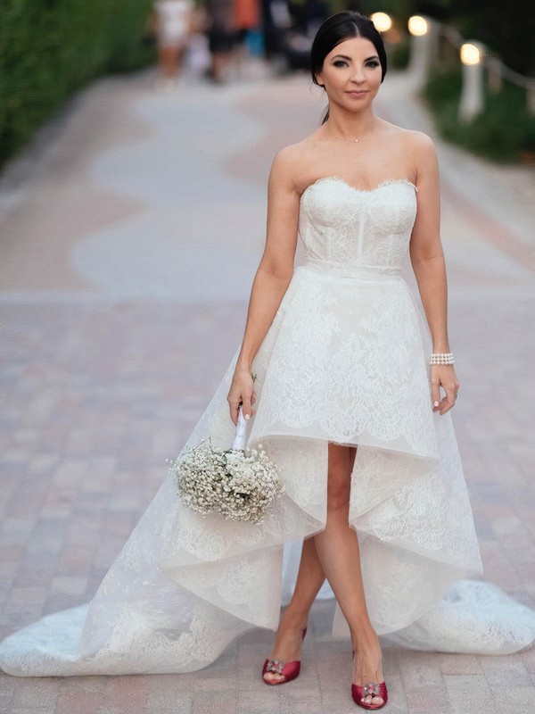 Lace Strapless A-line Asymmetrical Wedding Dresses #LDB00024018