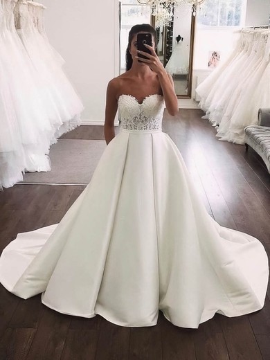 Satin Strapless Ball Gown Court Train Appliques Lace Wedding Dresses #LDB00024019