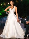 Satin V-neck A-line Court Train Appliques Lace Wedding Dresses #LDB00024021