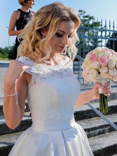 Satin Lace Scalloped Neck A-line Floor-length Wedding Dresses #LDB00024029